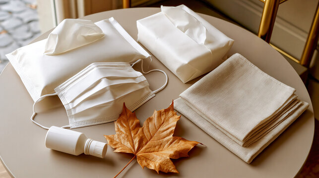 Autumn hygiene set with masks sanitizer and napkin on round table