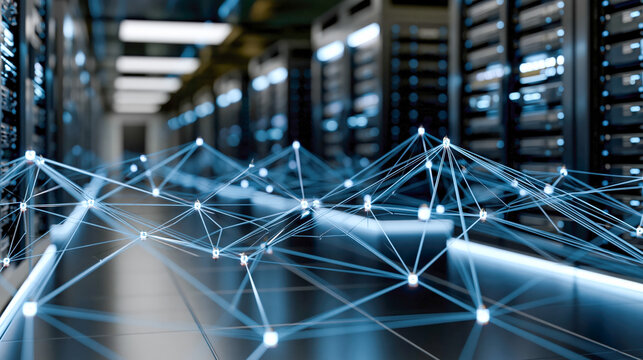 Futuristic data center network with glowing nodes and blue links
