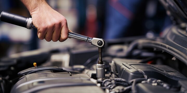 Mechanic performing engine repair with torque wrench auto shop image of technician at work indoor action shot