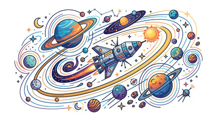 Cartoon Rocket Ship Flying Through Colorful Galaxy with Planets and Stars © umi