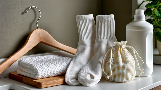 Laundry care items arranged on shelf with socks and detergent