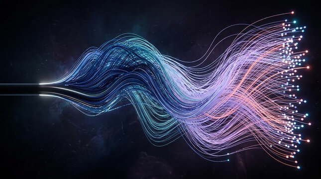 Abstract digital light streams in blue and pink hues, representing data transfer and connectivity, symbolizing technology and progress