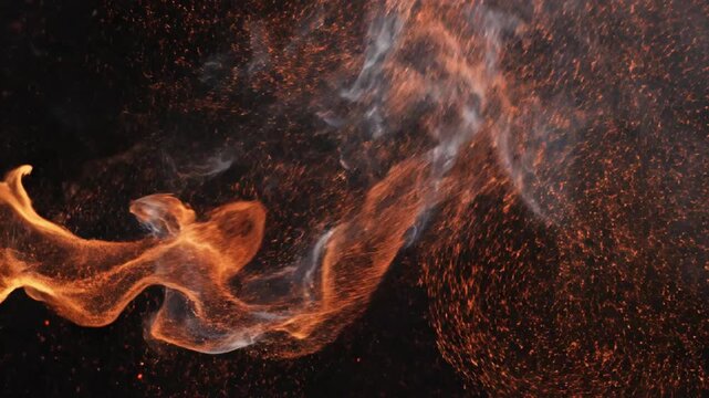 Fiery flames, burning orange fire, smoke rising, dark background