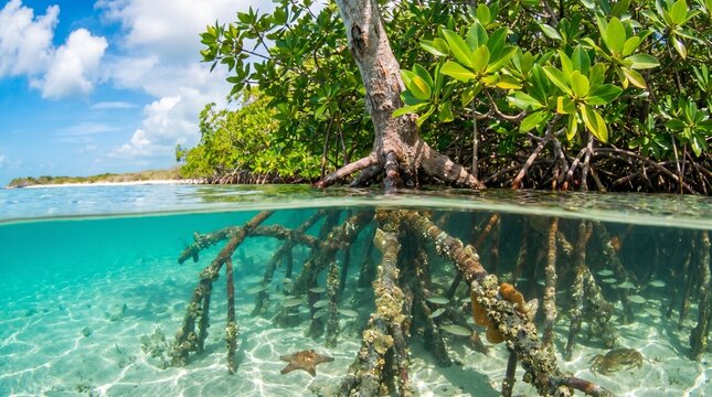 Stunning split view of a vibrant mangrove ecosystem with intricate roots submerged in clear turquoise water and lush foliage above, under a bright blue sky.