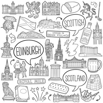 Hand drawn vector doodle collection of famous Edinburgh Icons.