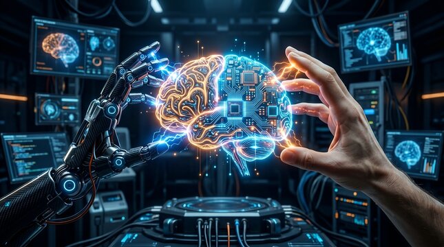 Human hand interacting with robotic arm and glowing brain circuit