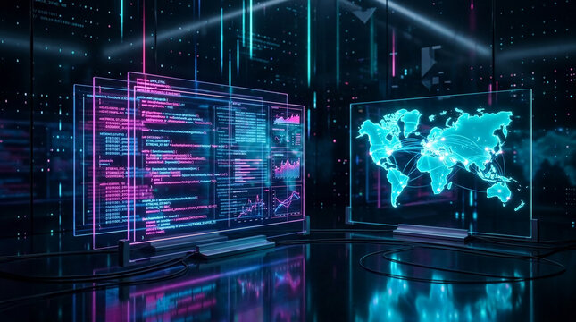 Digital displays show world map and code, with glowing lines representing data flow and connections, symbolizing global network and technology