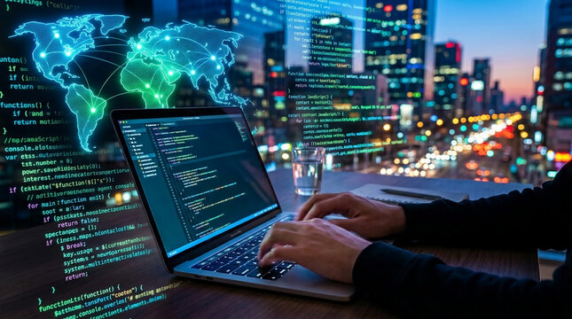 A person's hands typing on a laptop with a glowing world map and code on the screen, symbolizing global connectivity and digital innovation, ideal for technology themes.