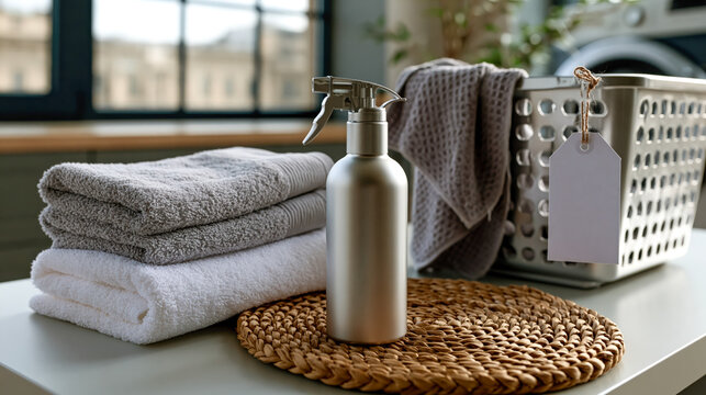Stacked towels and spray bottle in tidy laundry room