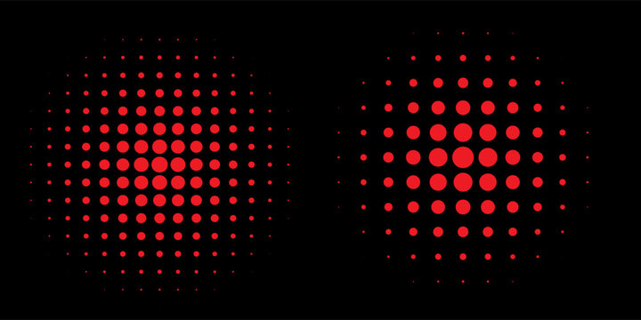 Collection of red halftone backgrounds. Modern halftone dots vector, gradient circle set in comic Pop art style. Vector isolated on black dot pattern background. Dot circles ...