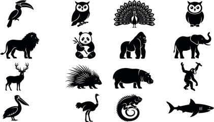 Zoo wild animals and exotic birds black silhouette graphic icons set featuring lion elephant panda gorilla shark owl and peacock on white background © Edo Rifandi!