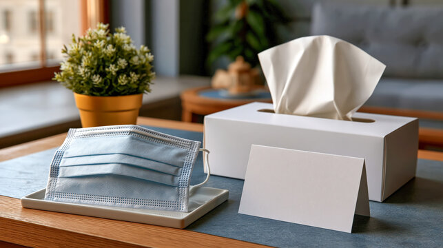 Home scene with face mask and tissue box on table
