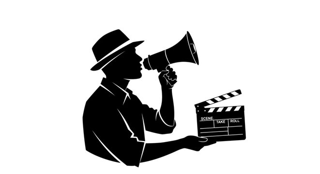 Silhouette of a film director with megaphone and clapperboard.