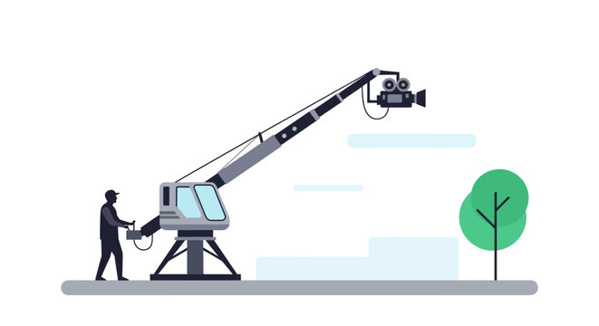 Professional cameraman operating a large film crane with camera.