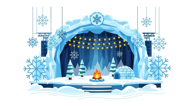 Winter Wonderland Stage with Igloo Campfire and Snowflakes.