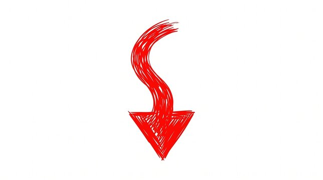 Hand-drawn red arrow pointing downward with a sketchy, textured design, isolated on a solid white background.