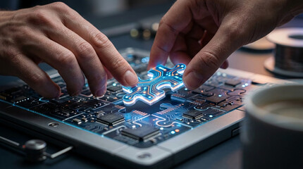 Fototapeta premium Hands placing a glowing puzzle piece on a circuit board, symbolizing integration, technology, and problem-solving.