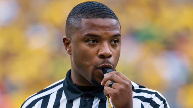 African american male referee wearing striped uniform and silicon ring blowing a whistle, enforcing rules, and making calls during a professional sports game