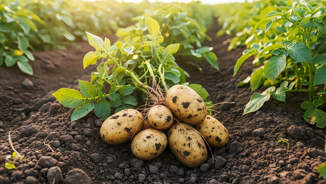 Fresh harvested potatoes lying on dark fertile soil in sunny agricultural field.