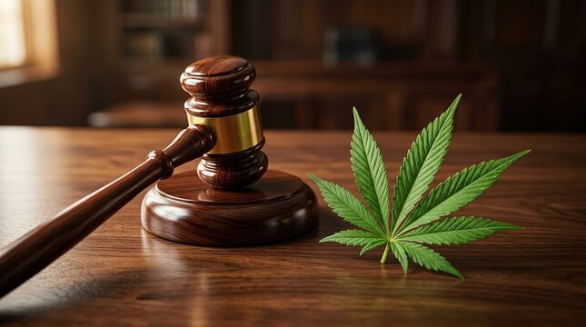 Wooden gavel resting on sound block beside green cannabis leaf on mahogany table symbolizing legal regulations of marijuana and legislative debates in courtroom office.