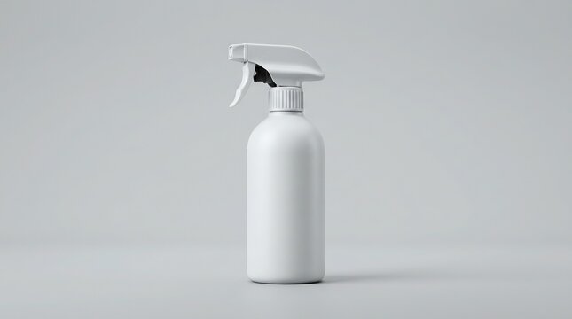 Plain white spray bottle and cleaning solution for hygiene and disinfection, household product for sanitizing surfaces, clear container with trigger for cleaning chores.