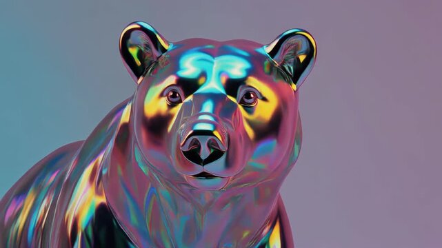 Holographic iridescent bear sculpture on purple background.