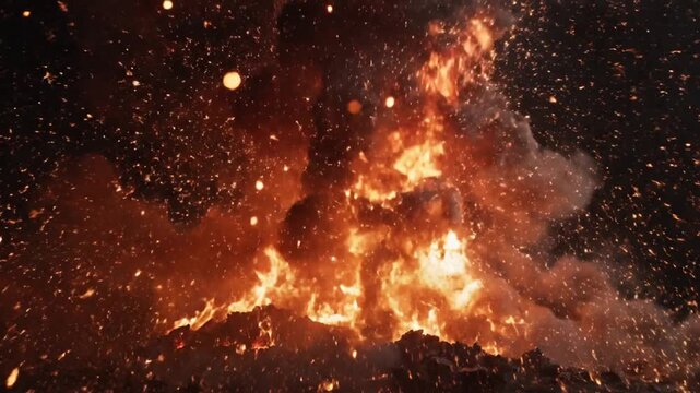 Fiery blaze, burning flames, sparks flying, intense fire, pyre inferno