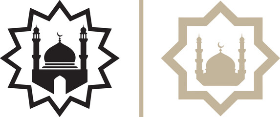 Fototapeta premium Mosque silhouette vector icons with dome and minarets inside geometric star frames for Ramadan and Eid celebrations