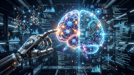 Obraz premium Robot hand touching glowing brain with digital elements