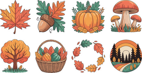 Fototapeta premium Autumn Season Vector Set with Maple Leaves Pumpkins Mushrooms Trees Wreaths and Fall Landscape