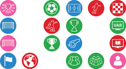 Soccer and football tournament flat circular button icon set featuring ball field trophy whistle goal corner flag player and VAR screen isolated on white background © Edo Rifandi!