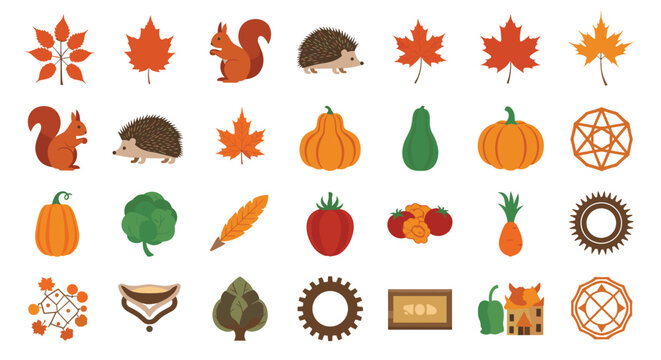 Autumn season collection of items including colorful maple leaves squirrels hedgehogs pumpkins vegetables and geometric design elements on white background.