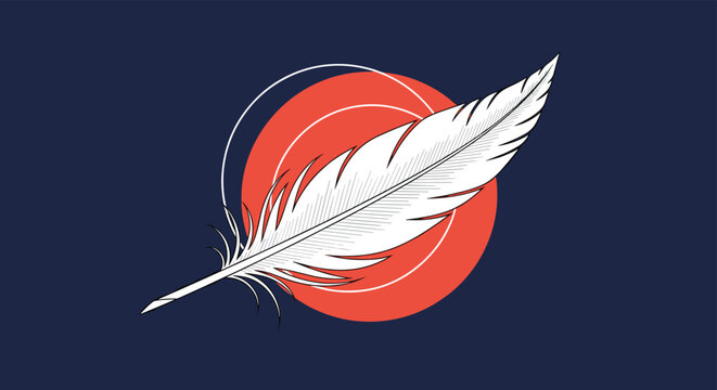 Stylized white quill feather placed over a vibrant orange sun circle on a dark navy blue background representing writing and creative literature.