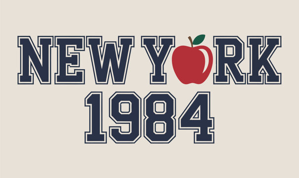 New York 1984 Typography Design: Big Apple Graphic for Urban Apparel and Fashion