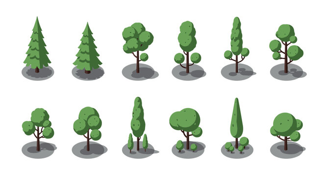 Diverse set of isometric green trees in various shapes and sizes including pines and rounded foliage for architectural rendering and landscaping design.