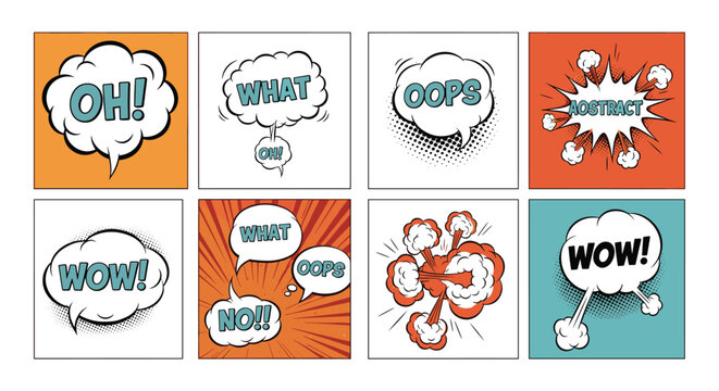 Colorful collection of comic book style speech bubbles and explosion clouds featuring dynamic words like wow oops and oh for pop art design.
