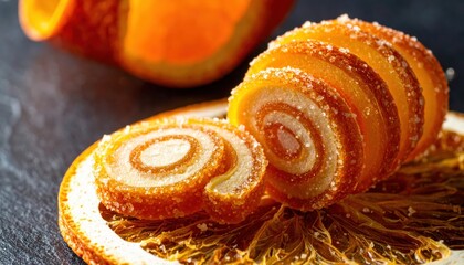Obraz premium Close-up view of a spiral-cut candied orange peel slice from a fruitcake, glistening with sugar crystals