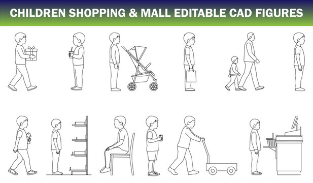 Children Shopping and Mall CAD Figures Kids Carrying Purchases, Family Shopping, Store Browsing and Retail Checkout Activities &ndash; CAD Block Set Side Elevation, Clean Thin Line Architectural Style