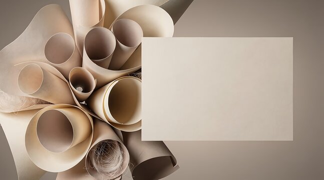 A creative arrangement of rolled papers forms a decorative pattern on a surface with a blank card.