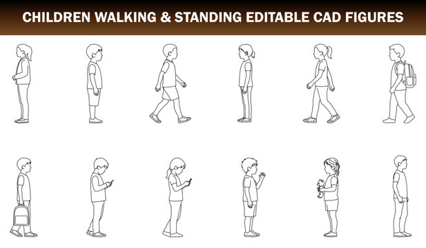 Children Walking and Standing CAD Figures School Kids Walking, Standing Children, Backpack Student and Mobile Phone Poses &ndash; CAD Block Set Side Elevation, Clean Thin Line Architectural Style