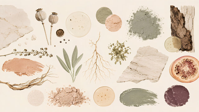 Apothecary skincare ingredient board with organic textures