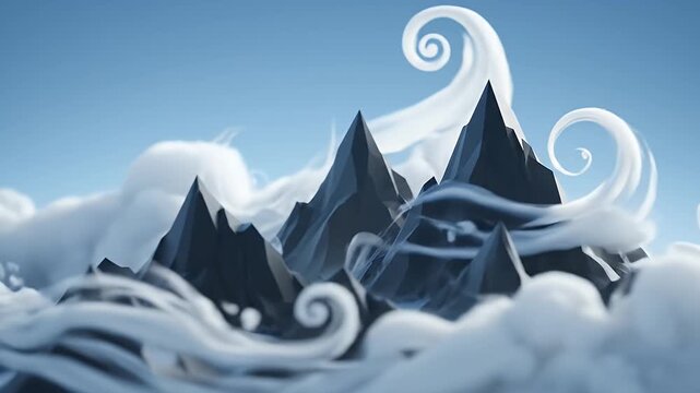 Serene mountain peaks emerge from swirling clouds, a breathtaking natural landscape in majestic daylight