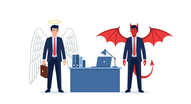 Illustration of a professional man sitting at his office desk with a miniature angel and devil standing by to offer conflicting advice.