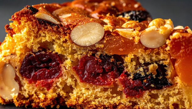 Close-up view of a rich fruitcake slice showcasing abundant dried fruits and nuts, highlighting its dense and textured crumb.