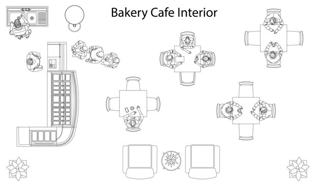 Bakery Cafe Interior Floor Plan Bakery Display Counter, Customer Seating, Coffee Service Area and Dining Layout &ndash; Top View Architectural CAD Drawing, Editable Vector Plan