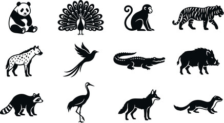 Zoo wild animals and exotic birds black silhouette icon set featuring panda peacock monkey tiger crocodile hyena and raccoon isolated on white background © Edo Rifandi!