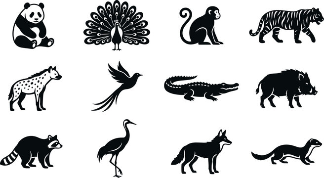 Zoo wild animals and exotic birds black silhouette icon set featuring panda peacock monkey tiger crocodile hyena and raccoon isolated on white background