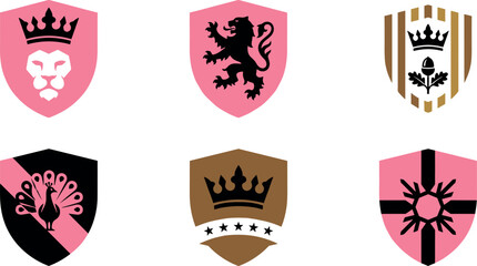 Medieval heraldic shield crest logo collection featuring royal crown lion peacock and acorn symbols in pink black and gold colors isolated on white background © Edo Rifandi!