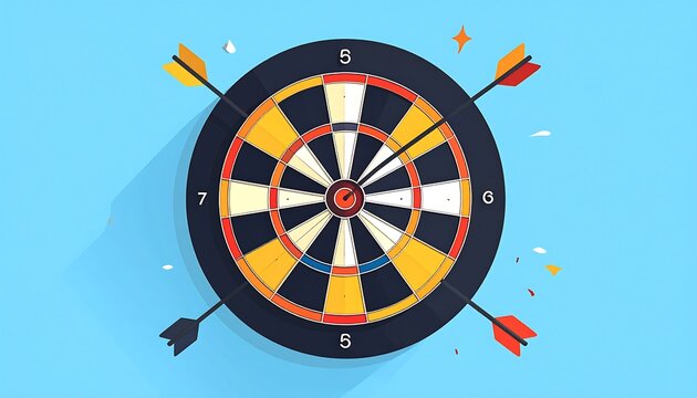 Dartboard with arrows in center, flat style. Blue backdrop. Modern, colorful vector illustration, showing precision & achievement