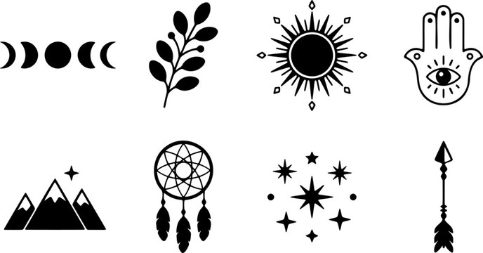 Mystical celestial and spiritual icon set including moon phases leaf sun hamsa dreamcatcher stars and sacred arrow